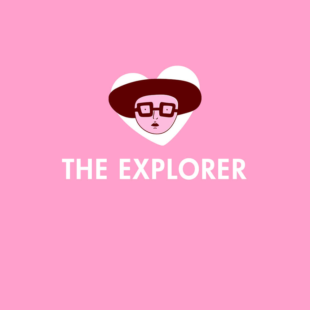 Pink block with icon of person in glasses on a white heart with words The Explorer