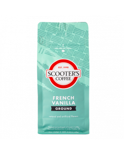 Teal coffee bag with text that says Scooter's Coffee French Vanilla Ground