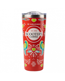 Red tumbler with colorful designs and Scooter's Coffee logo on front