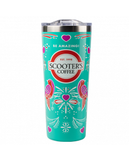 Teal tumbler with colorful designs and Scooter's Coffee logo on front