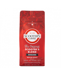 Red coffee bag with text that says The Original Scooter's Blend Ground