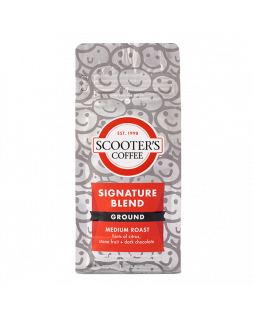 Gray coffee bag with smiles with text that says Scooter's Coffee Signature Blend
