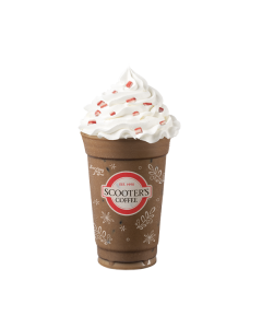 Iced Peppermint Mocha in clear Scooter's Coffee cup with whipped cream topped with peppermint chips and a drizzle of chocolate