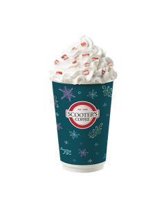 Hot Peppermint Mocha in red Scooter's Coffee cup with whipped cream topped with peppermint chips and a drizzle of chocolate