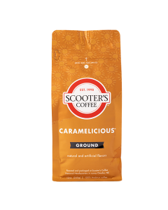 Orange coffee bag with suns and text that says Scooter's Coffee Caramelicious Ground