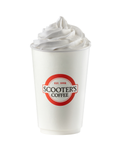 Hot Chocolate in white Scooter's Coffee cup topped with whipped cream