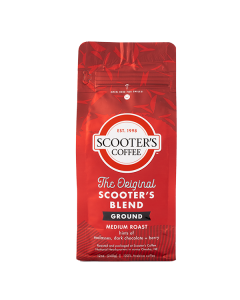 Red coffee bag with text that says The Original Scooter's Blend Ground