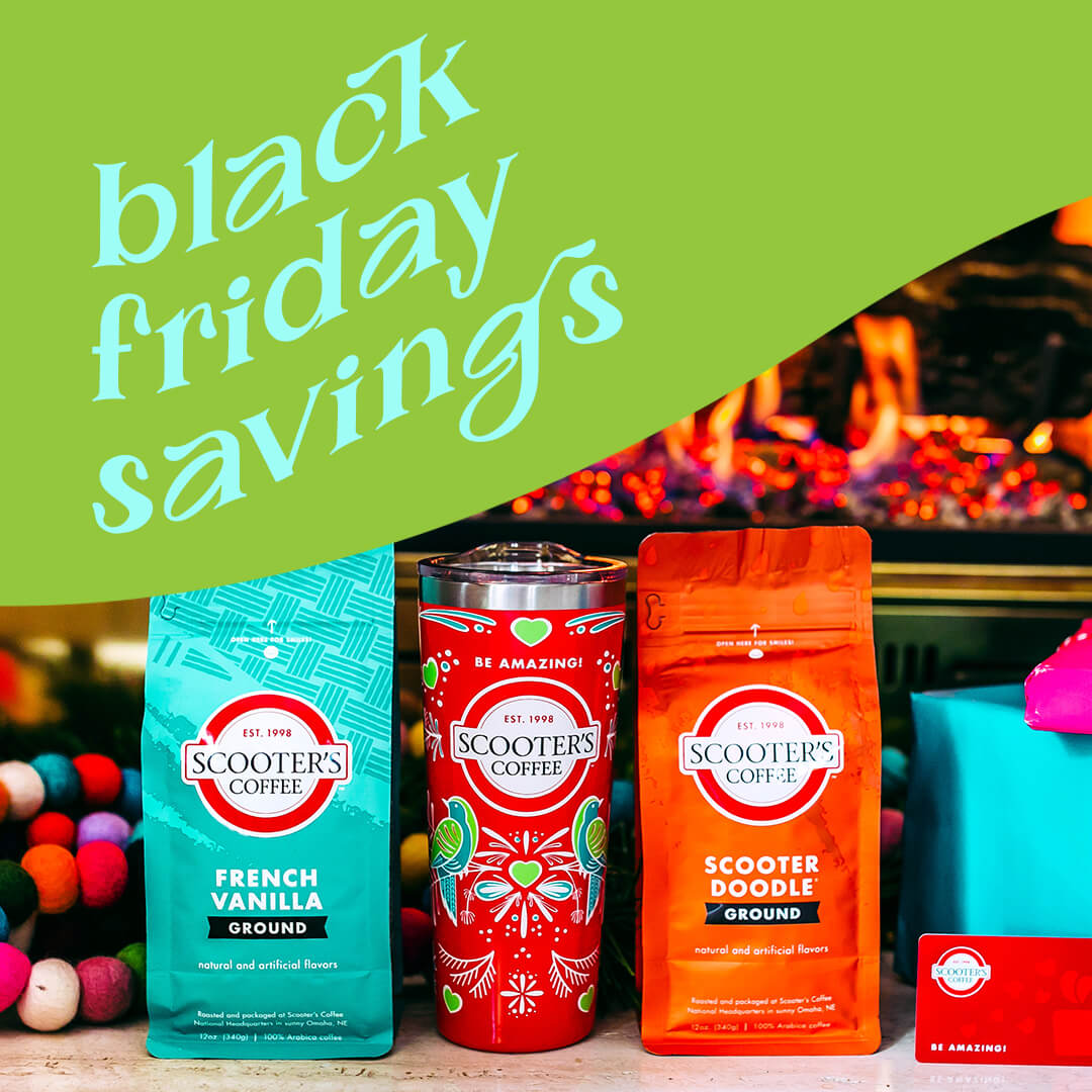 Bags of coffee and tumbler with text saying "black friday savings"