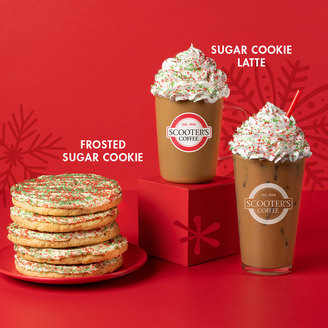 Hot and Iced Sugar Cookie Latte next to stack of sugar cookies