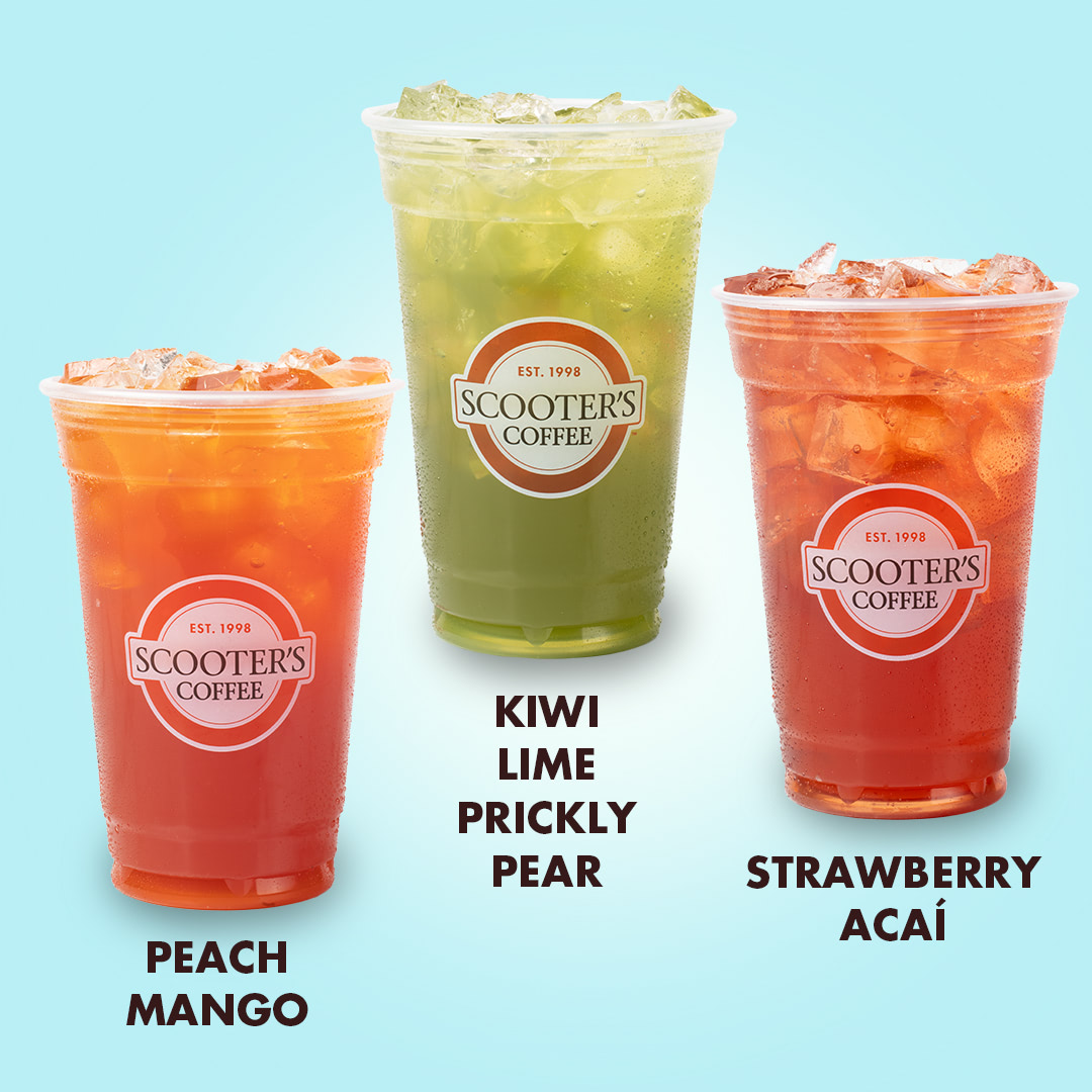 Peach mango, kiwi lime prickly pear, and strawberry acai quenchers