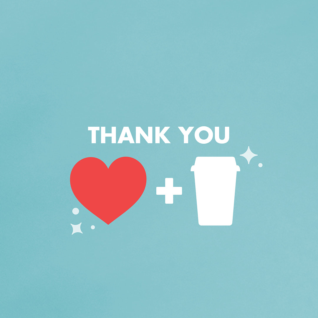 Thank you text above a heart and cup of coffee icon